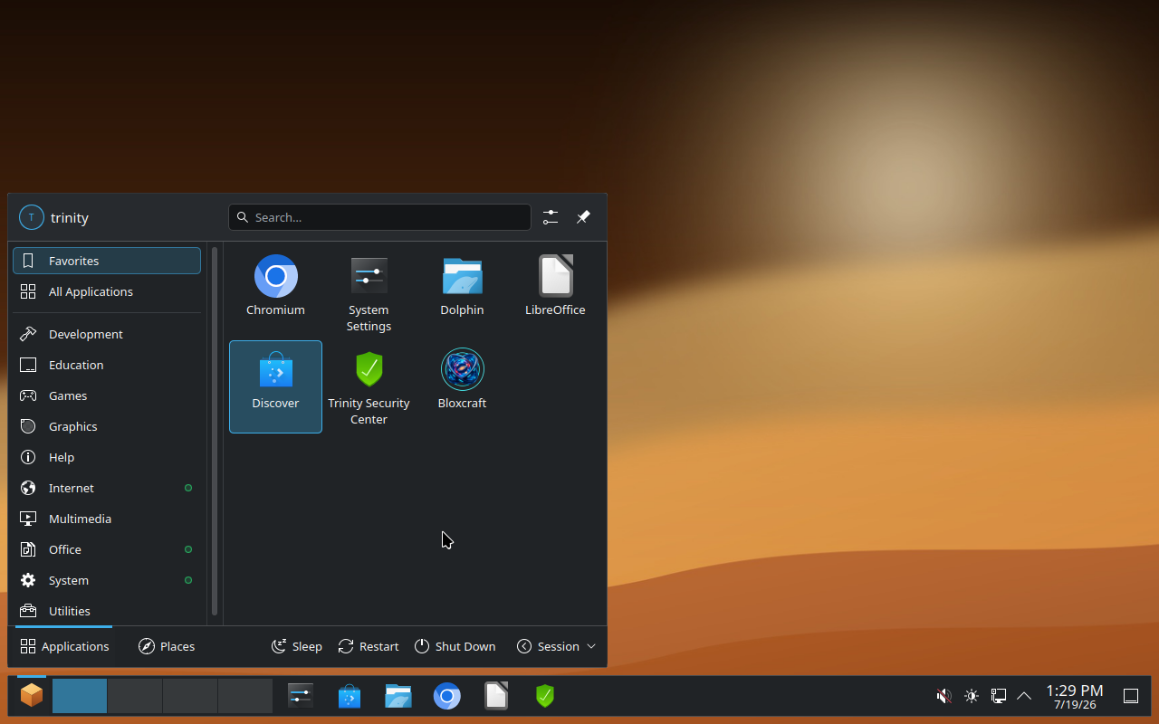 Trinity OS desktop with the start menu open, showing Chromium, Dolphin, LibreOffice, Discover, and Trinity Security Center